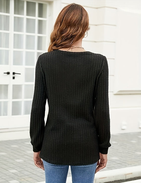 Ribbed Knit V Neck Sweater, Casual Long Sleeve Sweater
