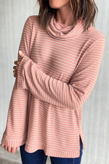 Pink Stripe Cowl Neck Side Slits Loose Fit Long Sleeve Top