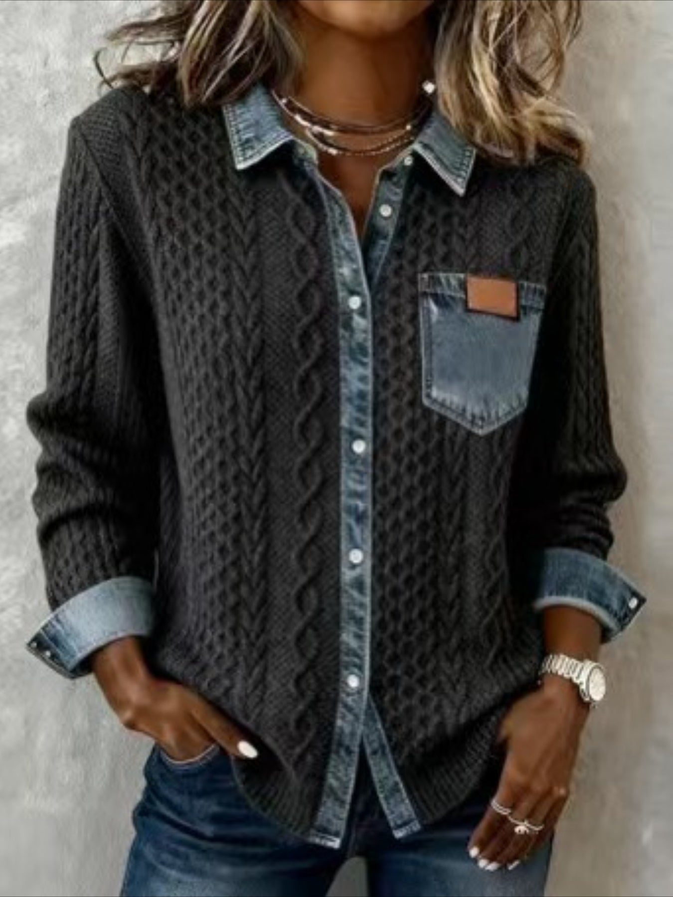 Multicolor Block Denim Patchwork Elegant Loose Shawl Collar Cardigan