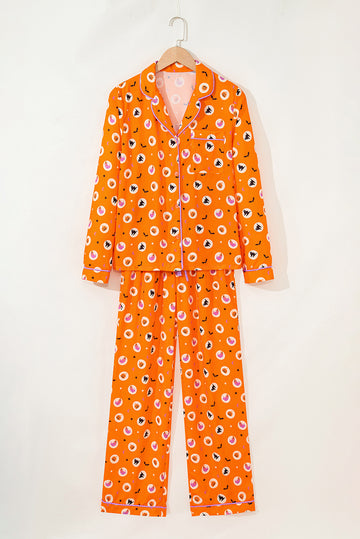 Orange Halloween Print Lapel Shirt Long 2pcs Pajama Set
