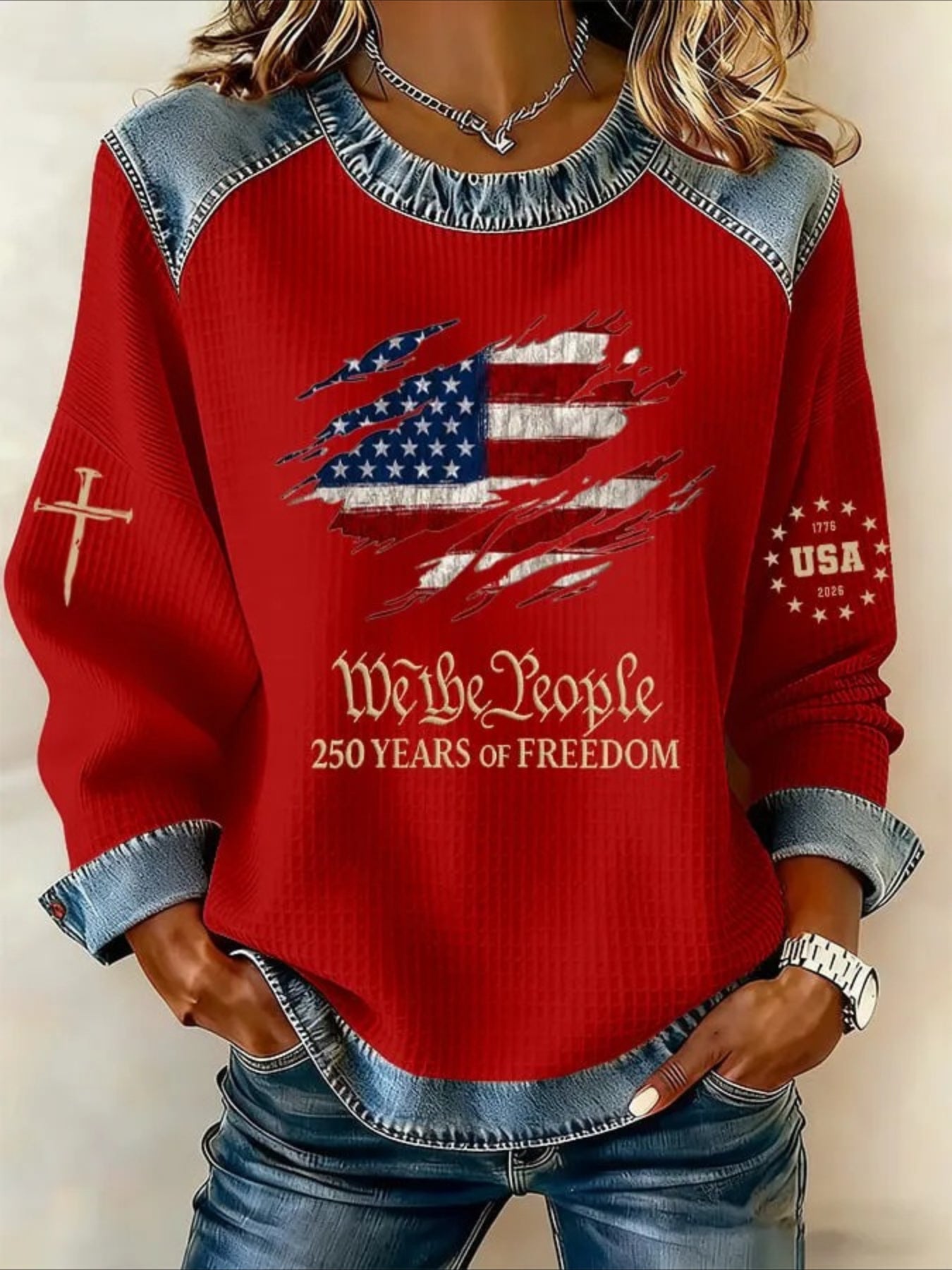 Denim Print Splicing Long Sleeve Crew Neck Sweatshirts