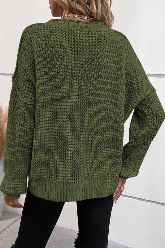 Pickle Green Pointelle Knit Button V Neck Drop Shoulder Sweater