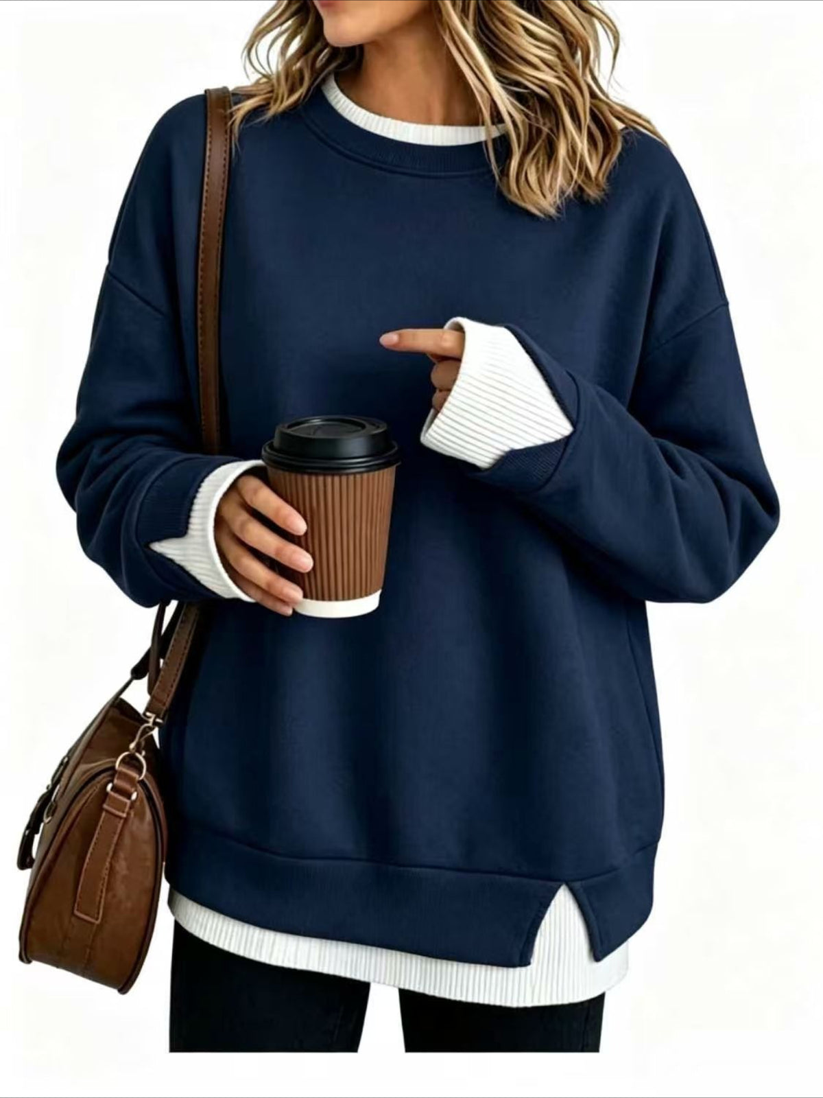 Plain Crew Neck Split Joint Casual Spring/Fall Long Sleeve Sweatshirt