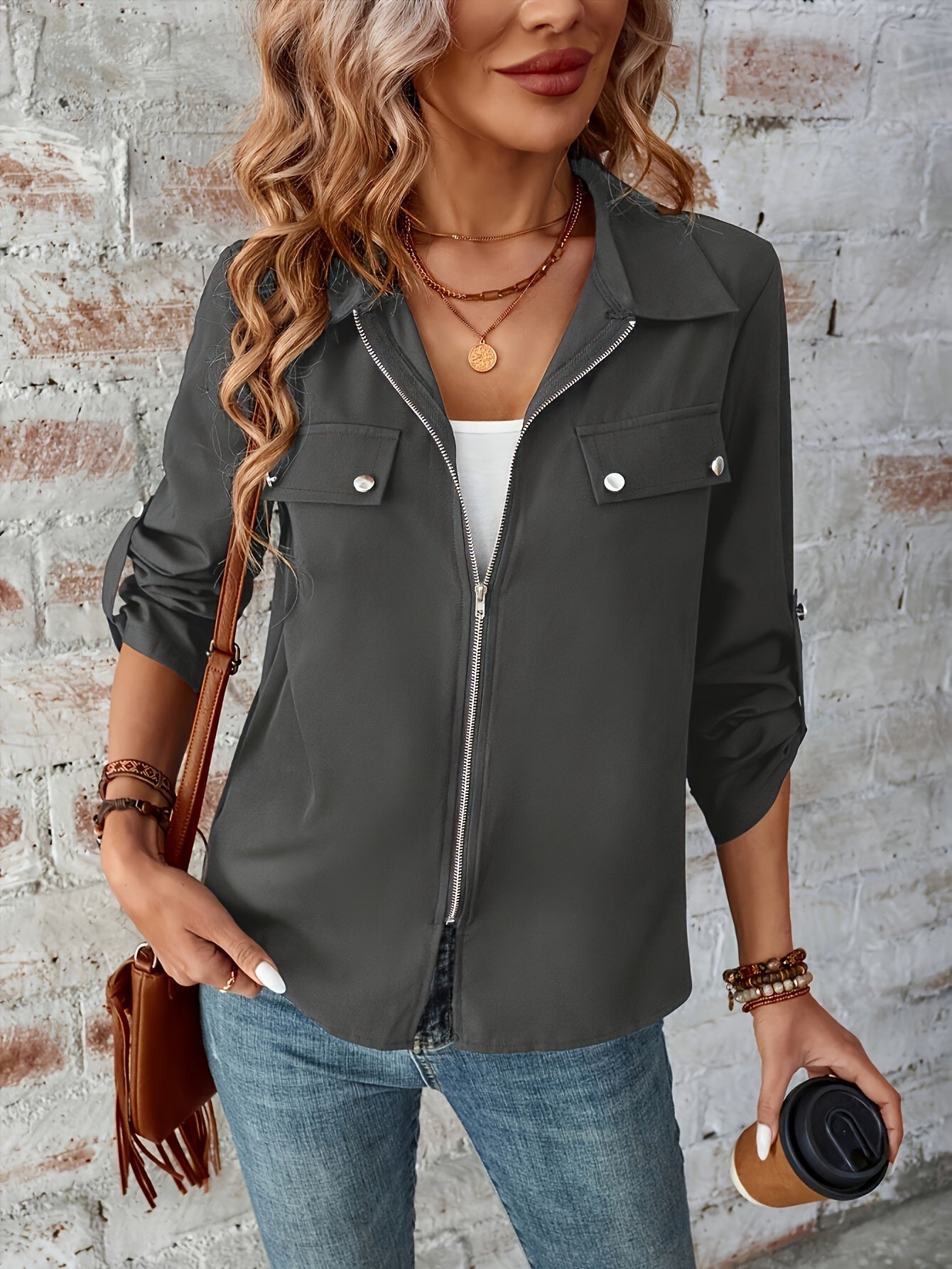 Solid Color Zip Up Jacket, Elegant Long Sleeve Flap Detail Jacket