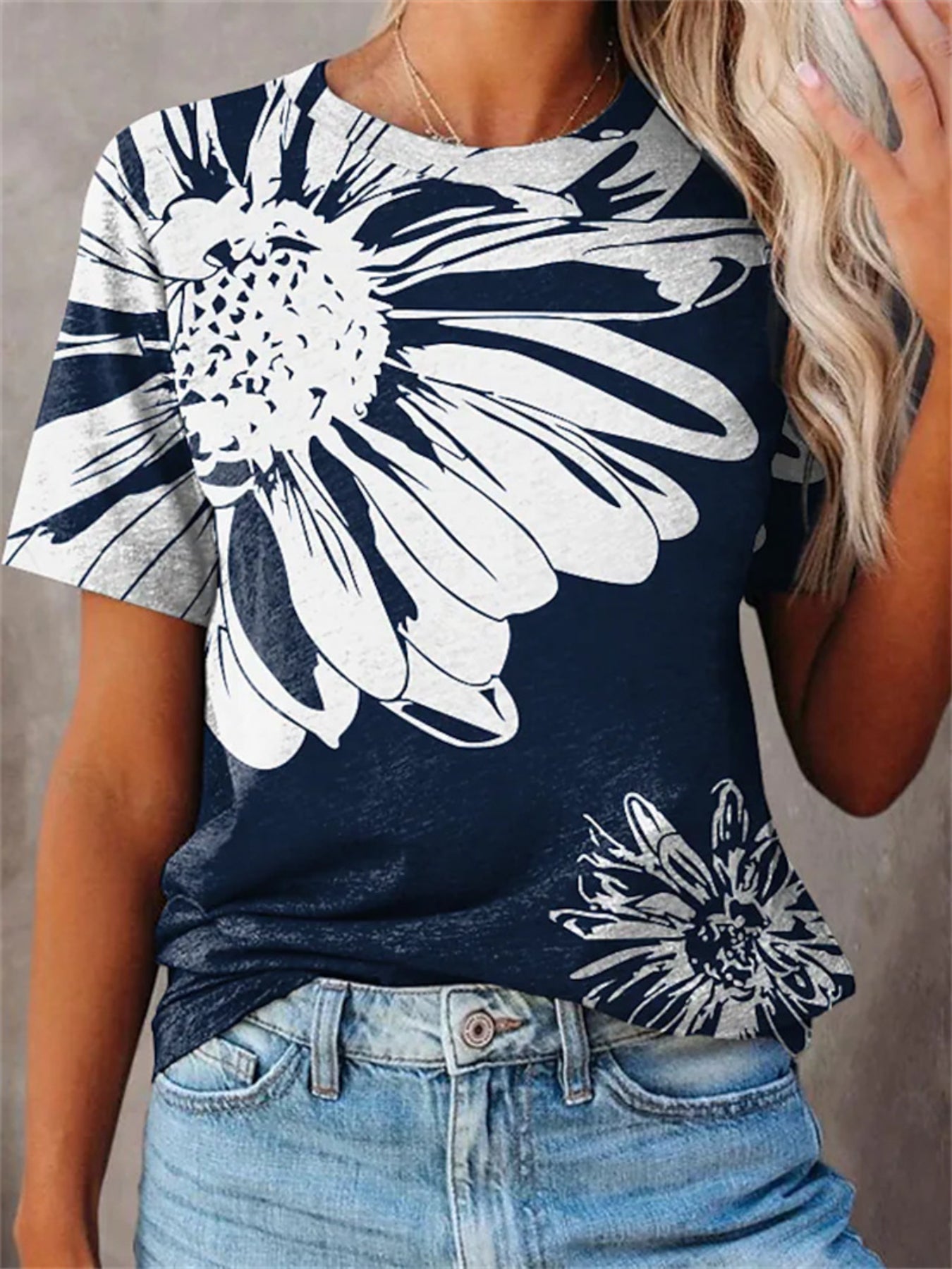 Butterfly & Floral Print Short Sleeve Round Neck Slight Stretch T-shirt