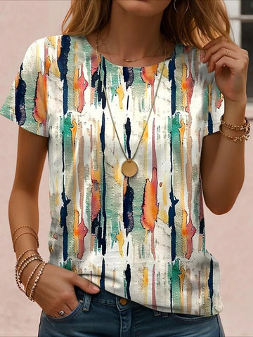 Print Graphic Geometric Striped Vintage Stylish Classic Short Sleeve Crew Neck Regular Tops