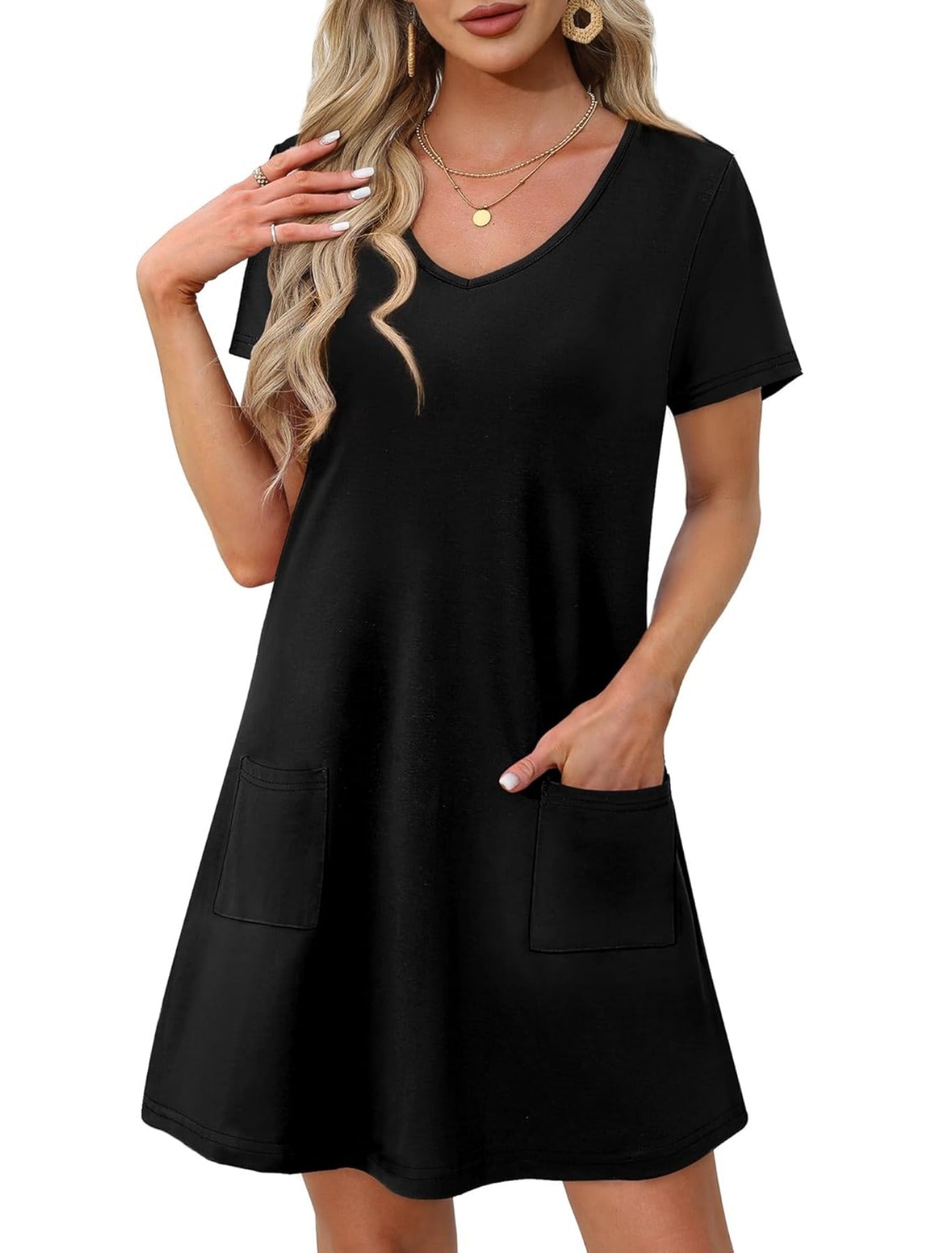 Loose V Neck Short Sleeve Casual T Shirt Dress