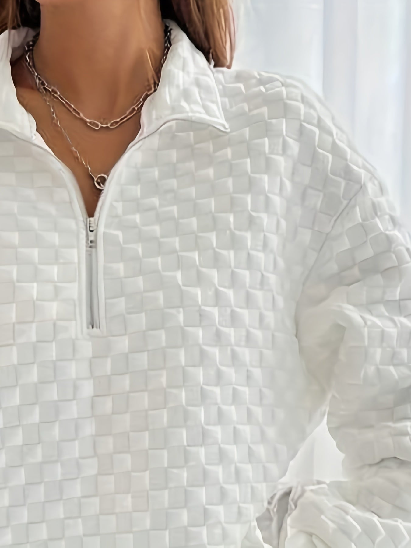 Solid Textured Zipper Sweatshirt, Casual Long Sleeve Drop Shoulder Sweatshirt