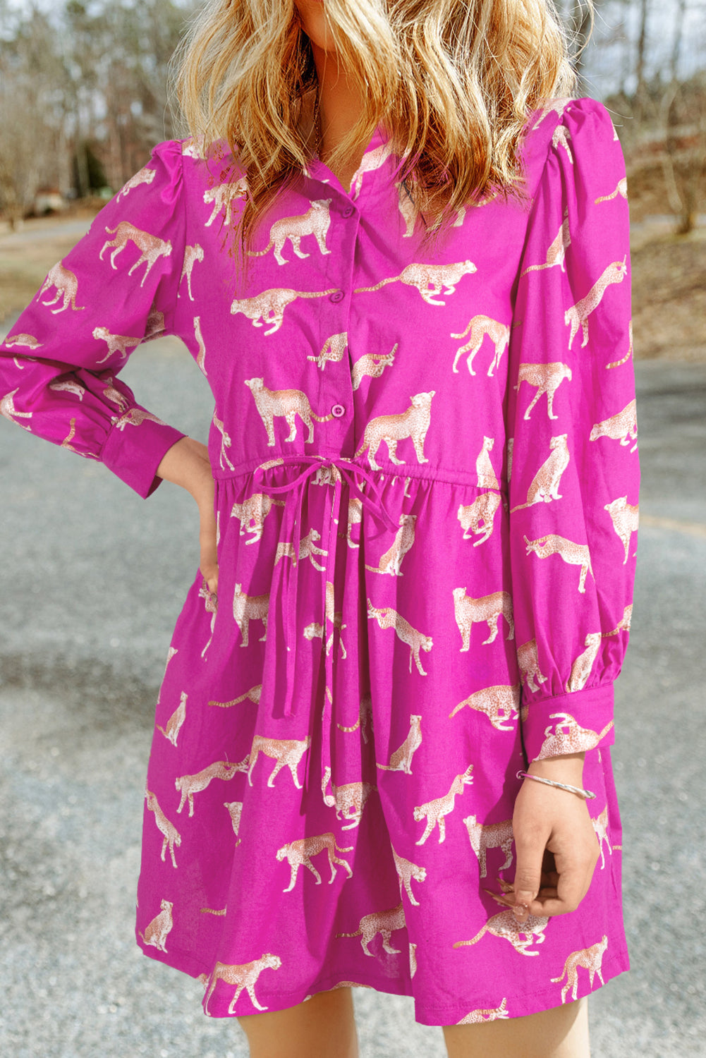 Rose Cheetah Print Drawstring Tunic Shirt Dress