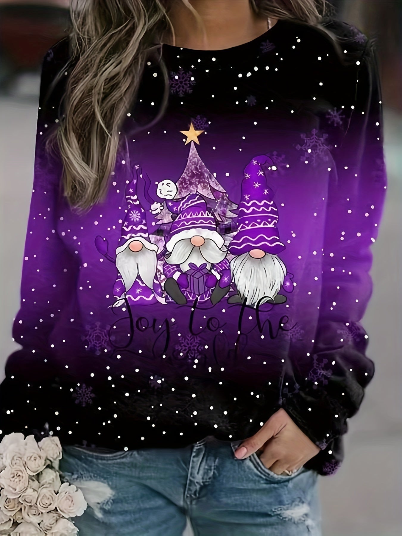 Christmas Top, Women's Christmas Dwarf & Slogan Print Ombre Long Sleeve Round Neck Slight Stretch Top