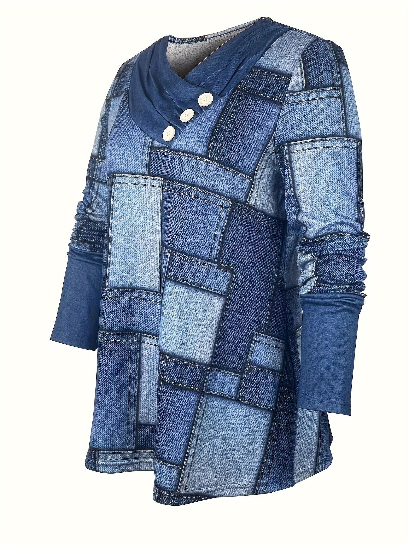 Patchwork Print Button Decor Tunics, Casual Long Sleeve V-neck