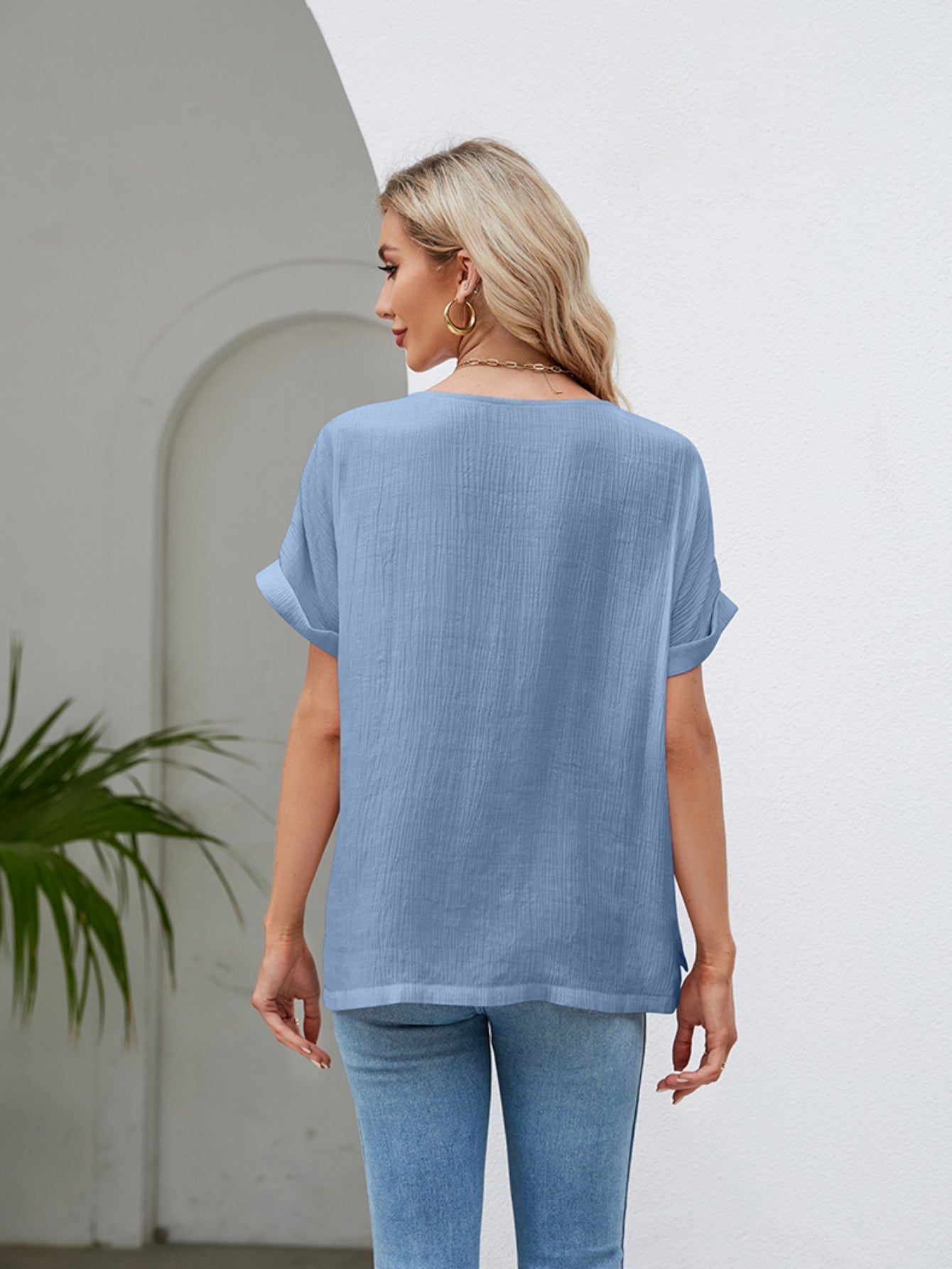 Solid Rolled Short Sleeve T-Shirt, Casual Crew Neck T-Shirt