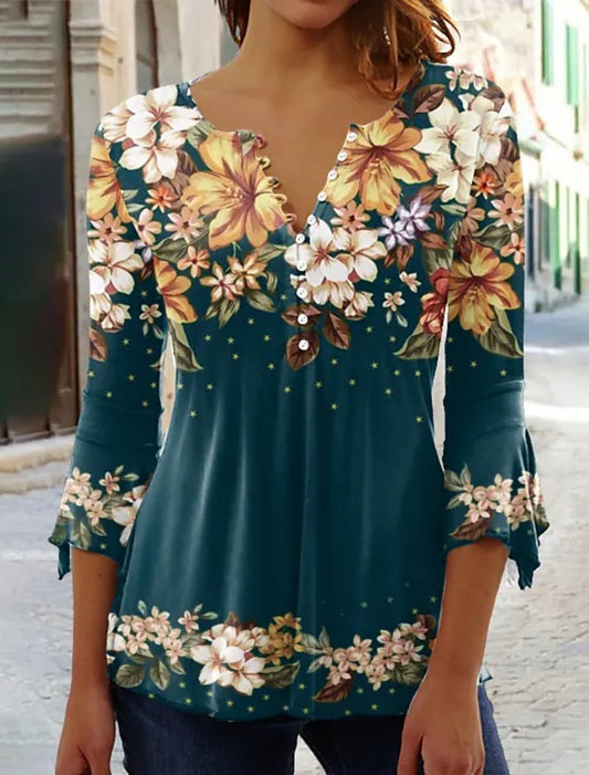 Women's Floral Button Print 3/4 Length Sleeve Casual Shirt