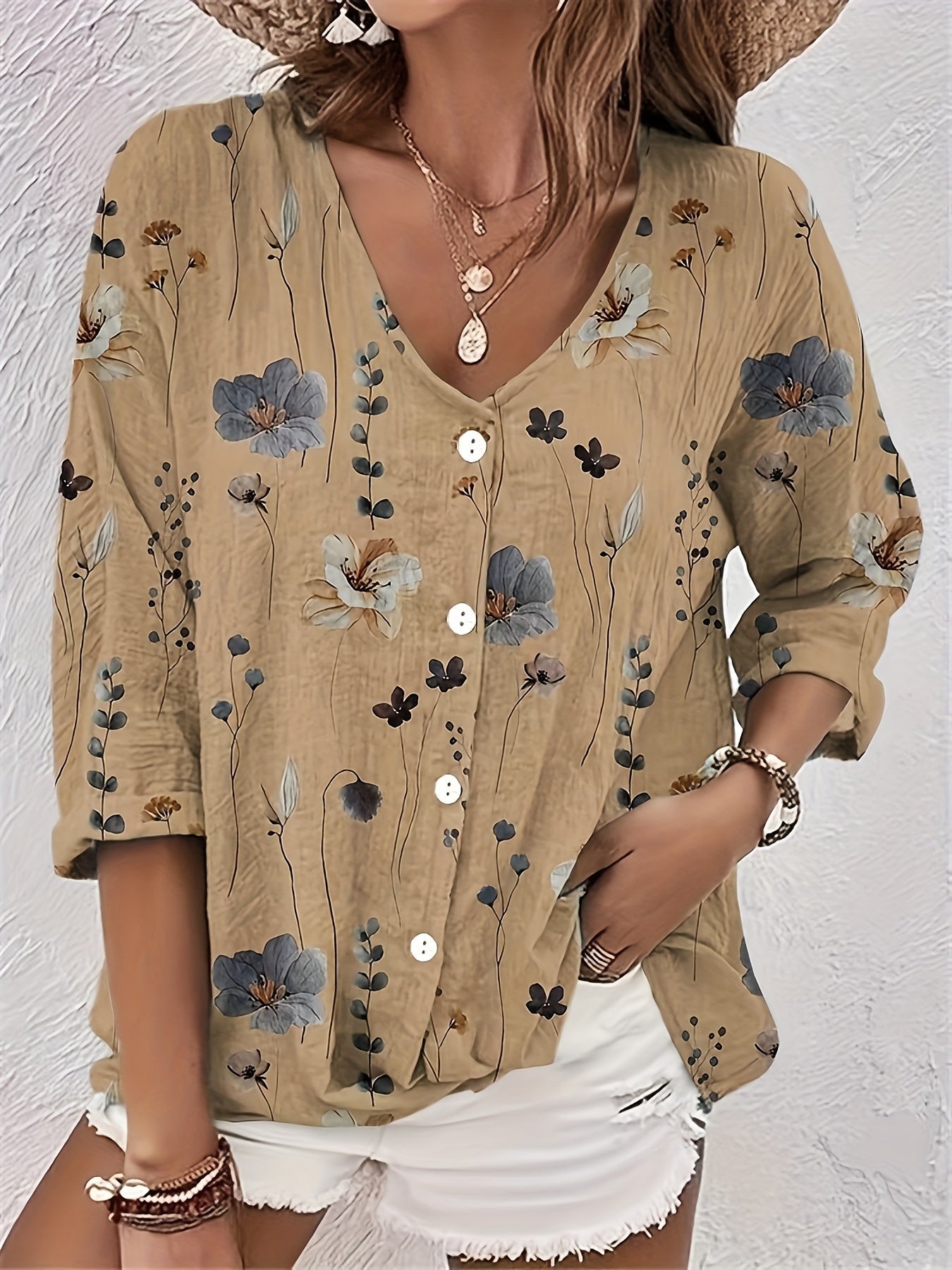 Women's Floral Print Button Up Half Sleeve V Neck Top