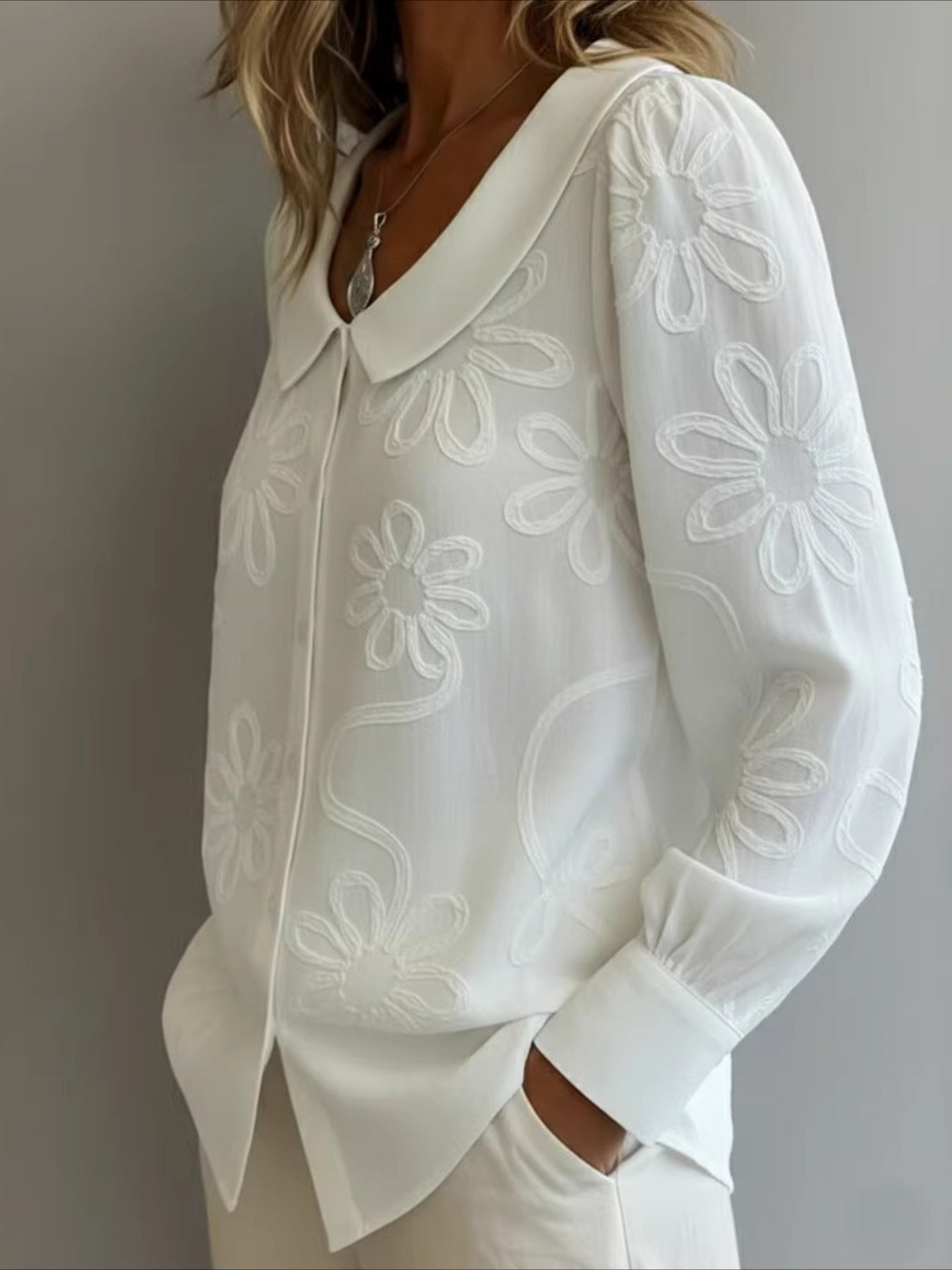 Embroidery Floral Long Sleeve Crew Neck Button Loose Going Out Casual Top