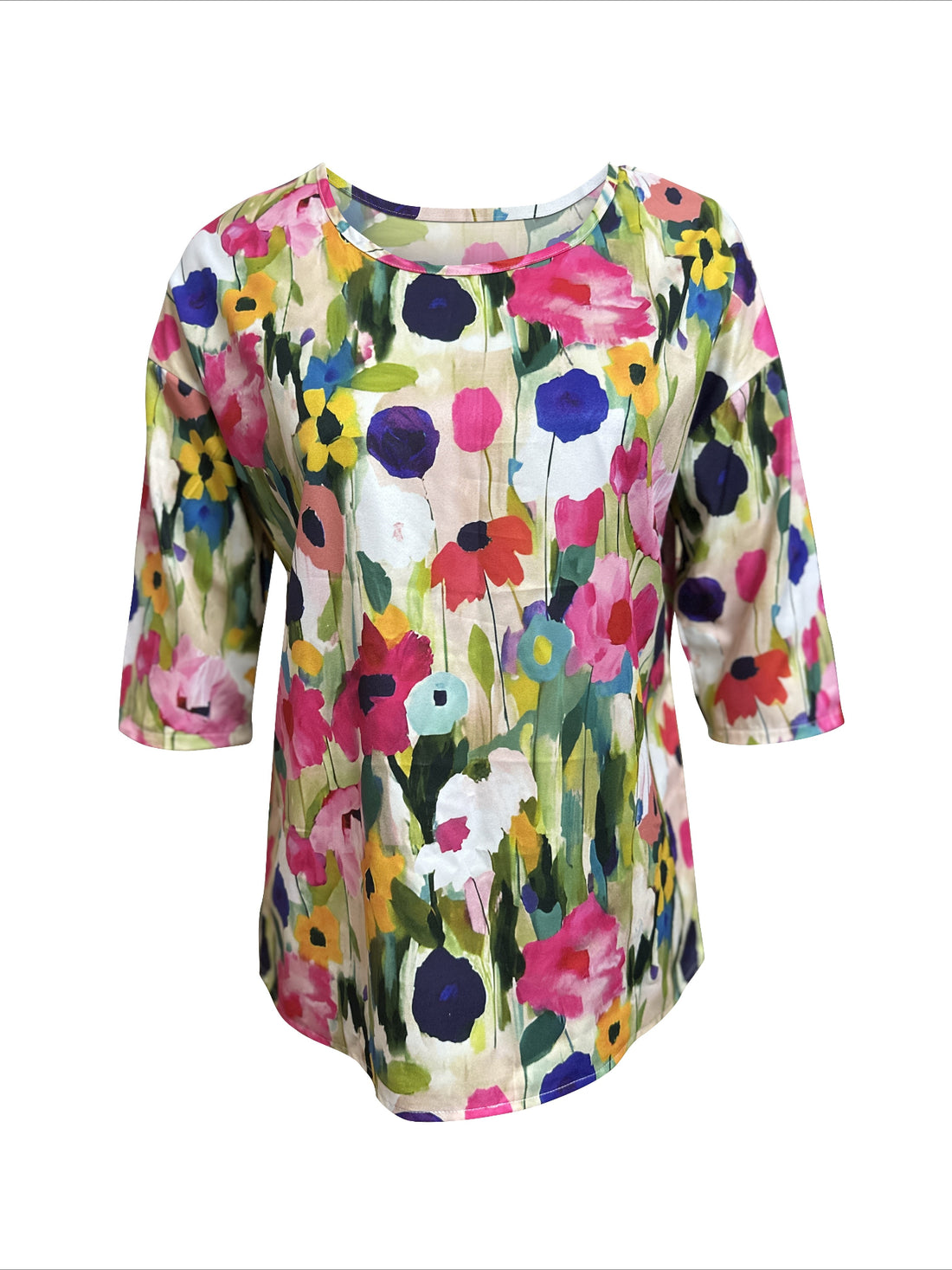 Floral Print Crew Neck Blouse, Casual 3/4 Sleeve Top