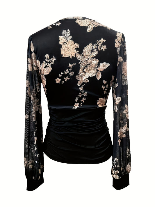 Floral Pattern Plunge Neck Mesh Top, Casual Long Sleeve Cinched Waist Top