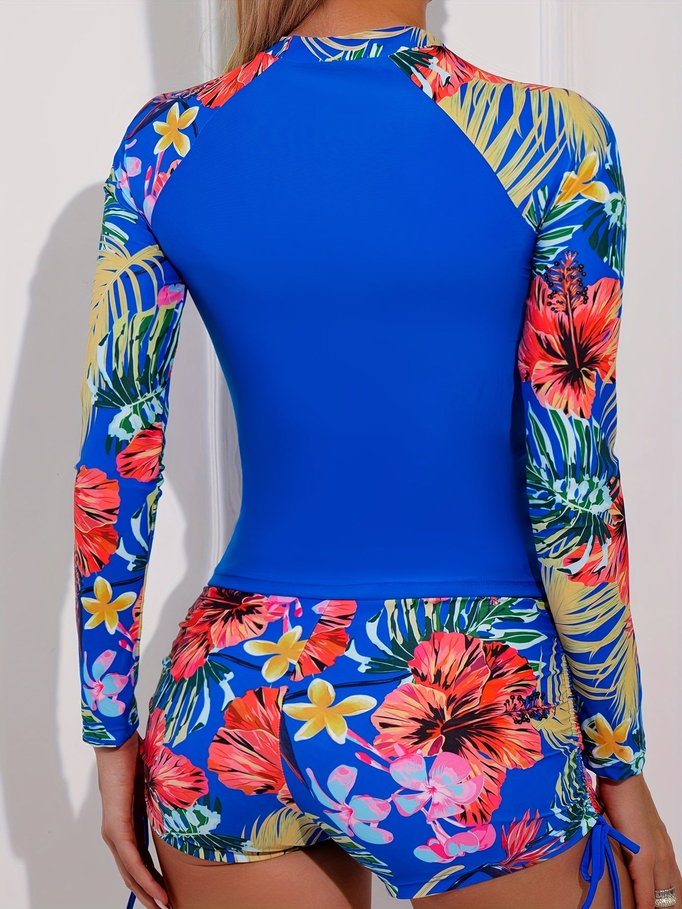 Blue Floral Print Drawstring Swimsuit, Long Sleeve Tropical Print High Strech 2 Piece Bathing Suit For Beach Surfing, Stylish & Comfy