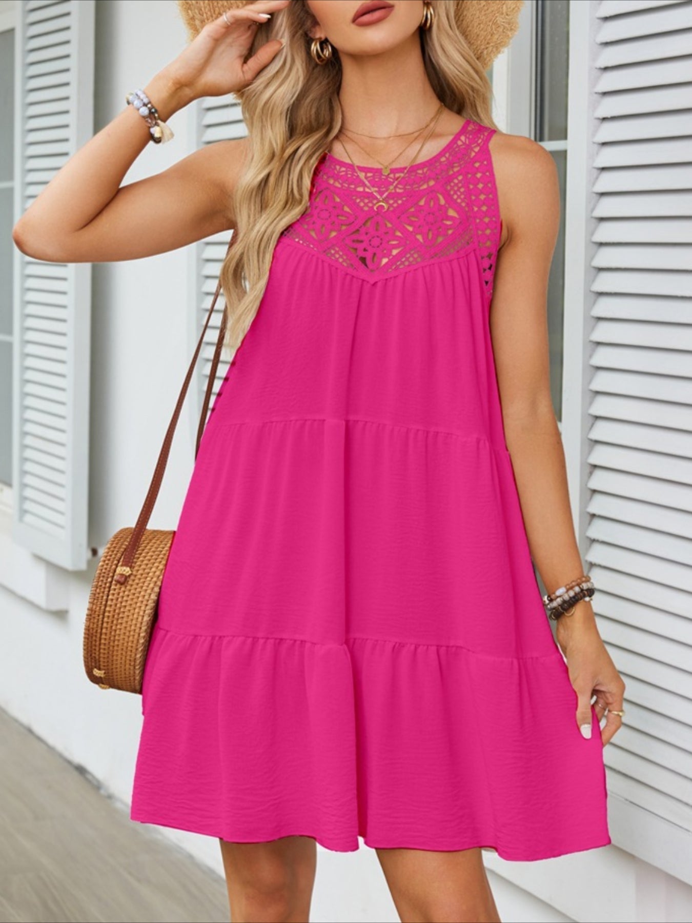 Women's Fashion Sexy Sleeveless Round Neck Hollow Solid Color Style Short dress