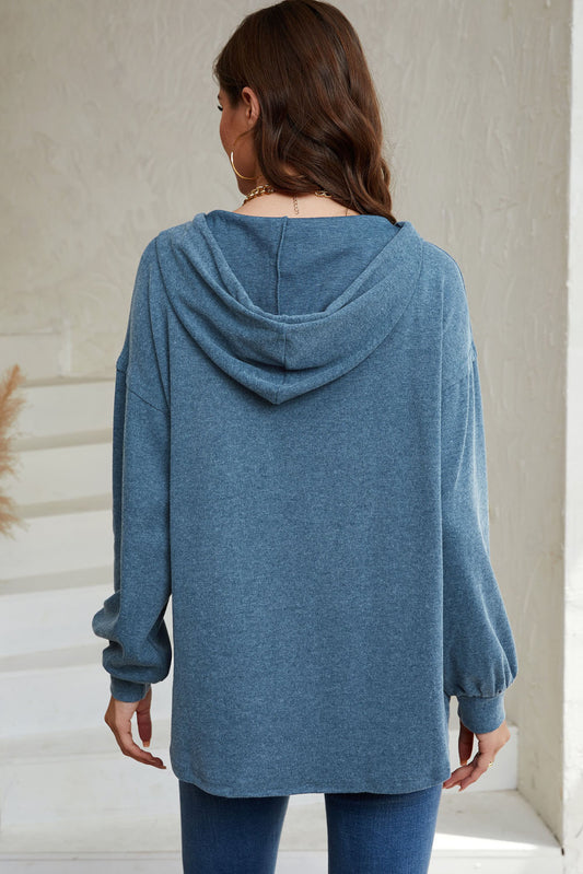 Sky Blue Buttoned High and Low Hem Hoodie