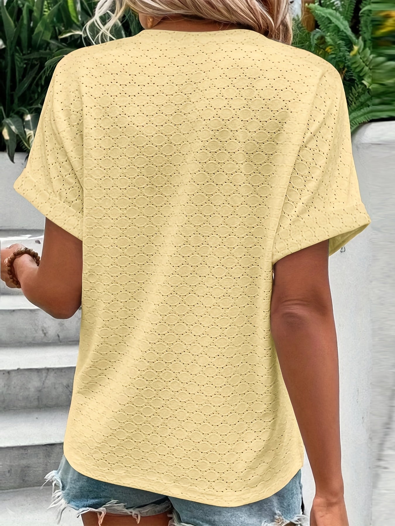 Solid Button Front V Neck T-Shirt, Casual Short Sleeve Top