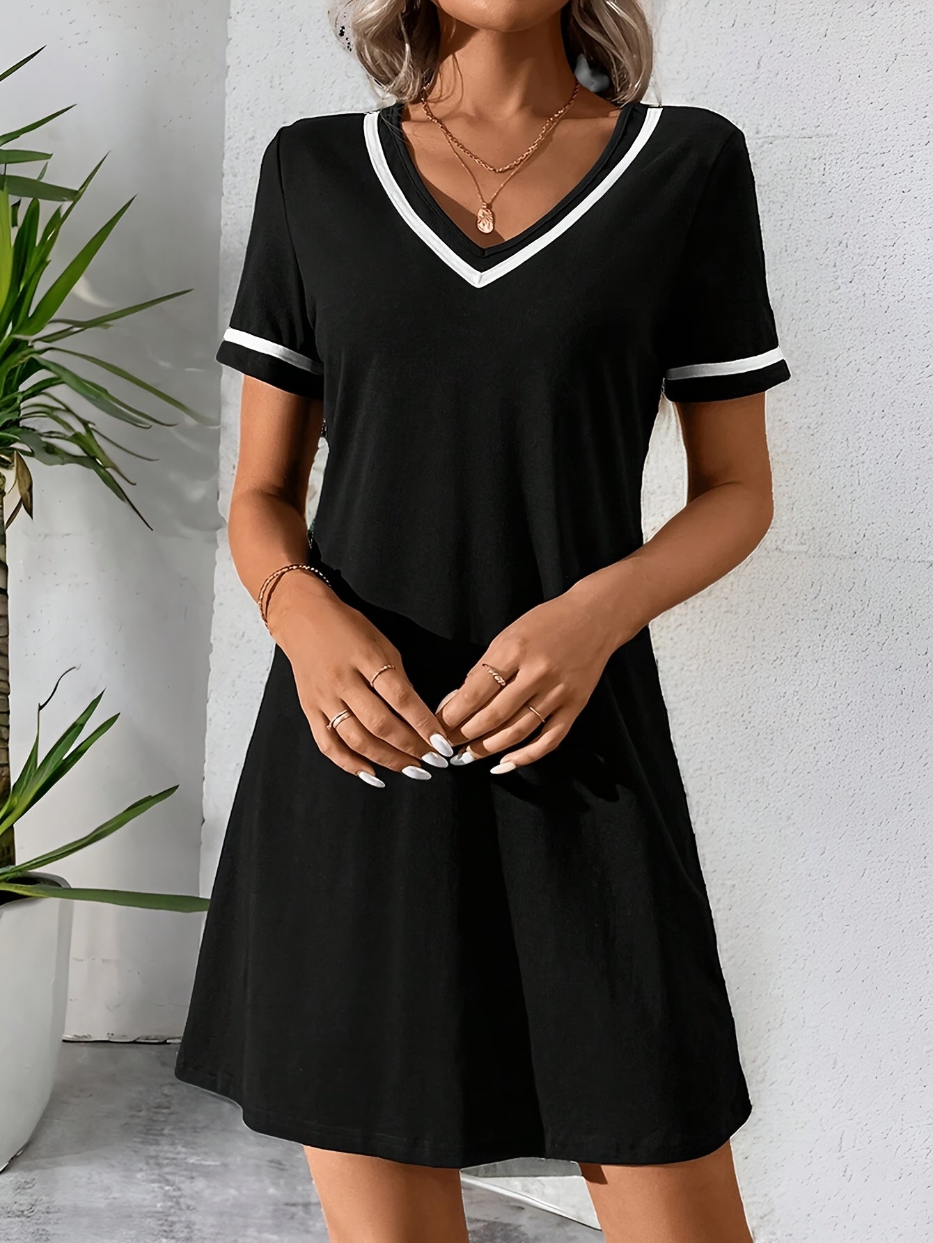Women's Color Block Knit Dress - V-Neck, Braided Detail
