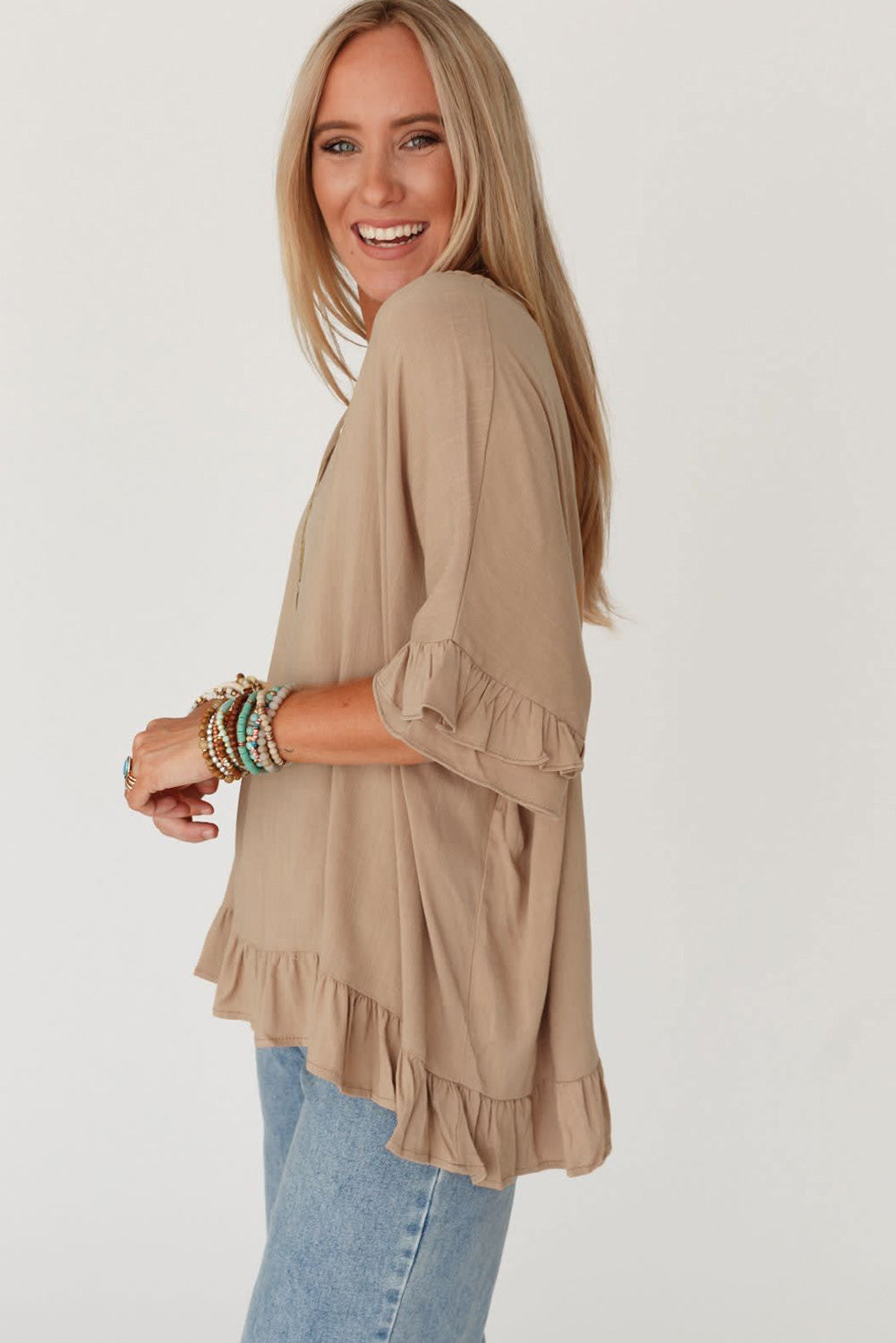 Light French Beige Loose Ruffled V Neck Blouse