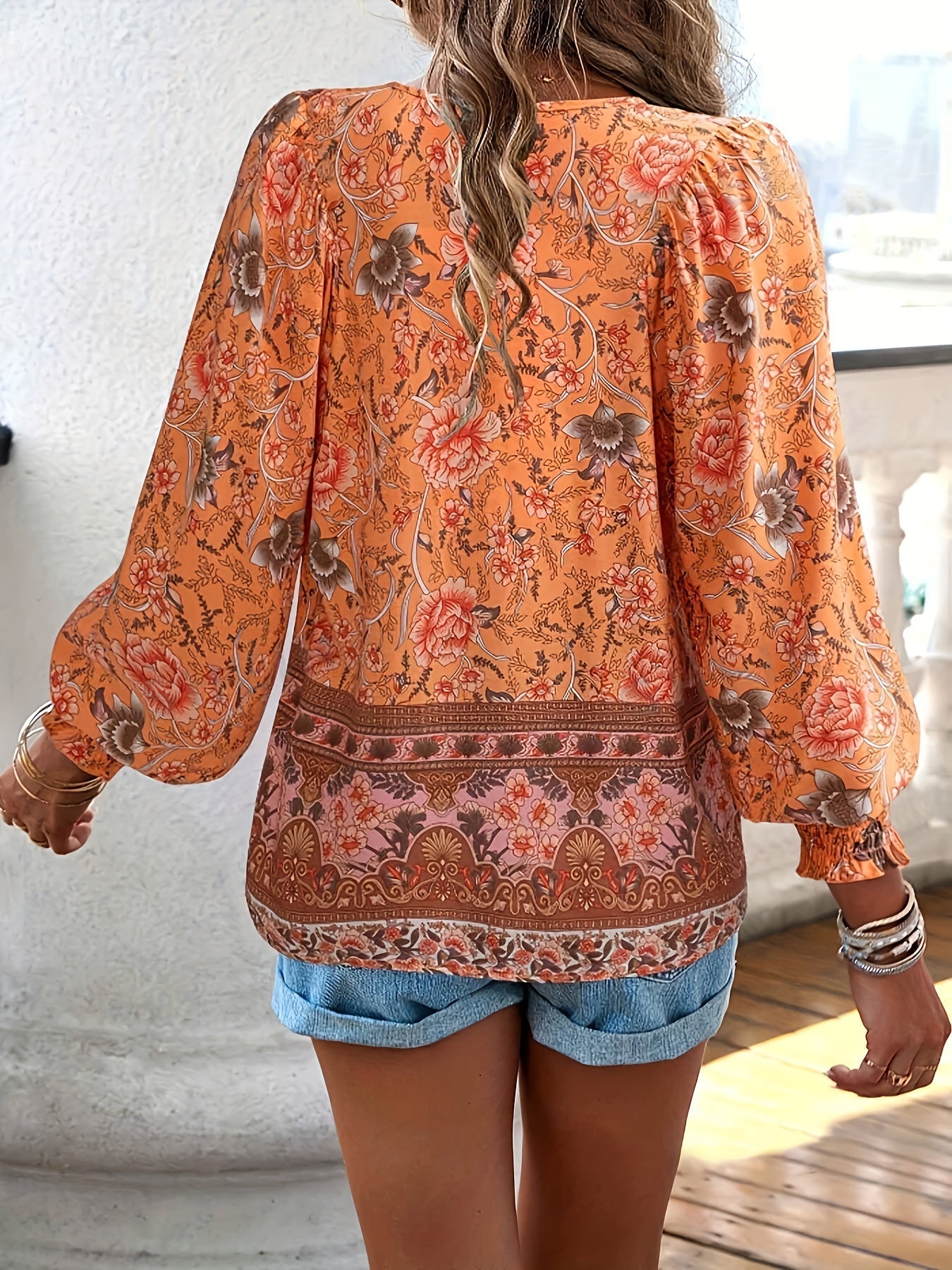 Floral Print Tie Neck Blouse, Casual Long Sleeve Blouse