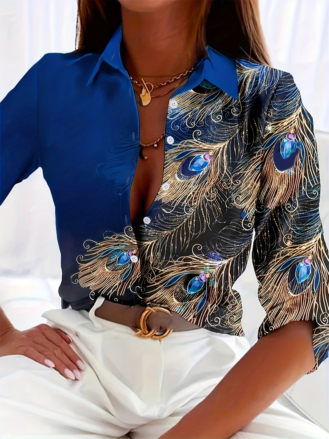 Peacock Feather Print Shirt, Long Sleeve Button Up Casual Top