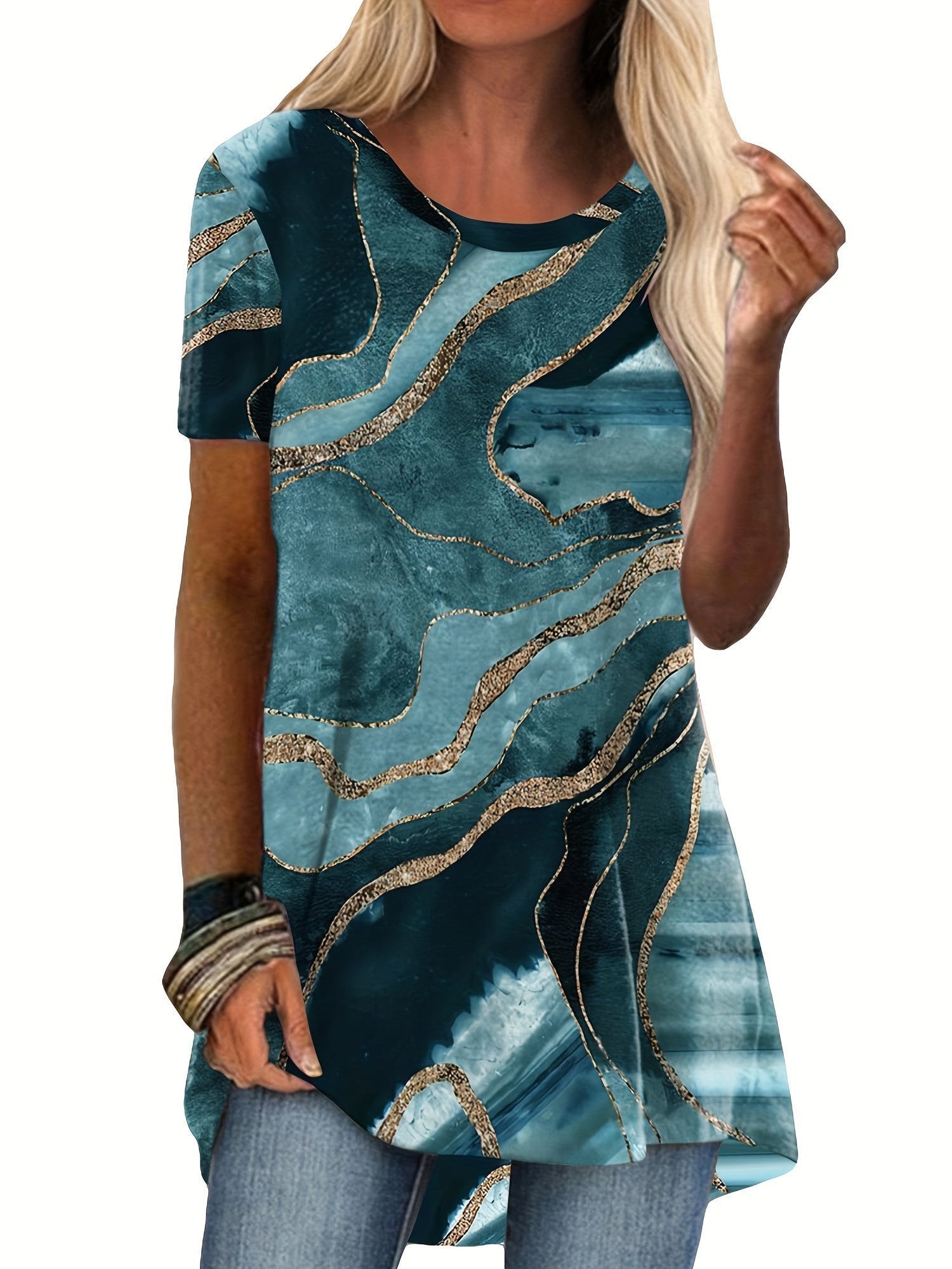 Marble Print Crew Neck T-shirt, Casual Short Sleeve Summer Mid Length T-shirt