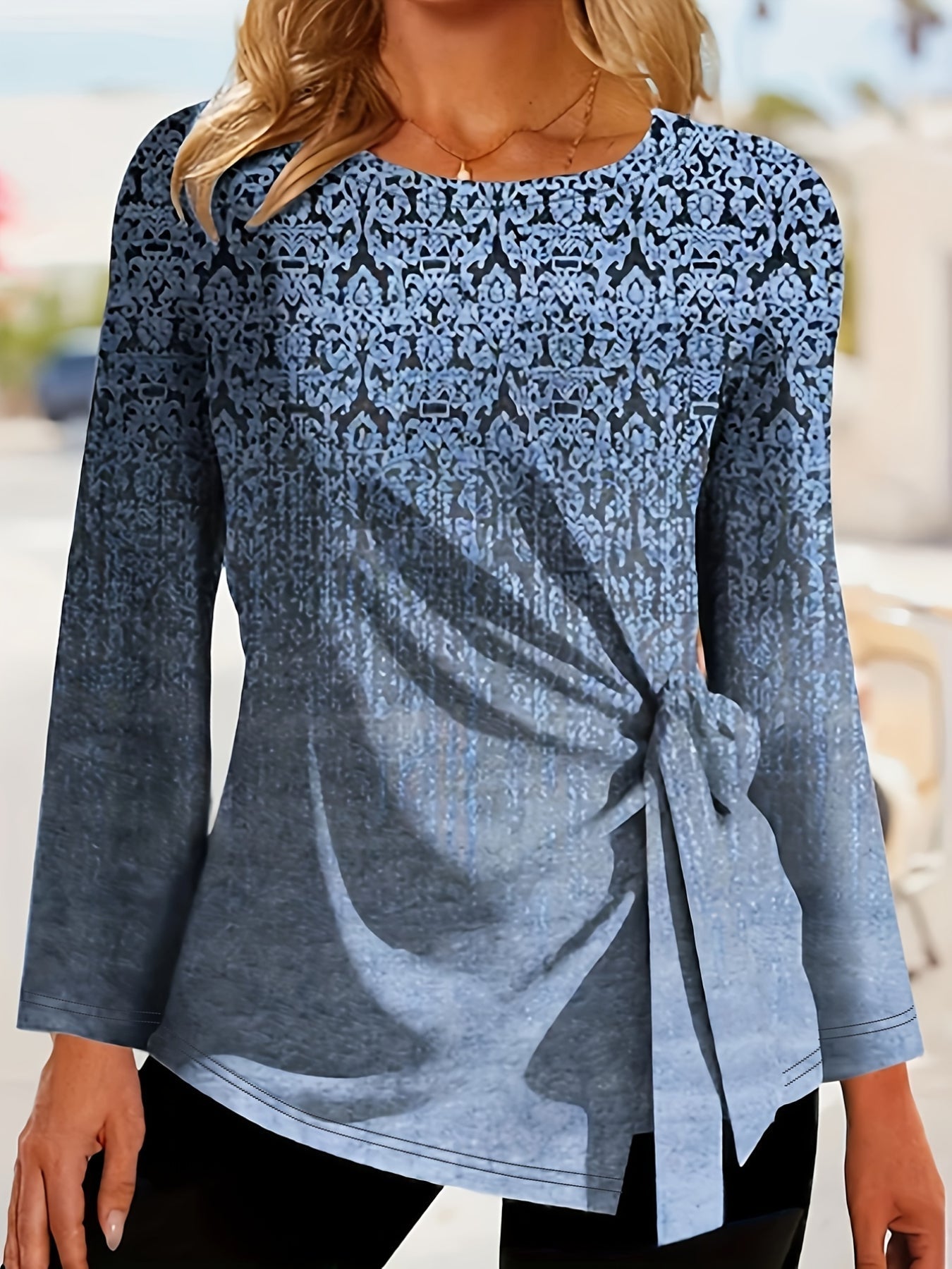 All Over Print Tie Front T-Shirt, Casual Long Sleeve Top