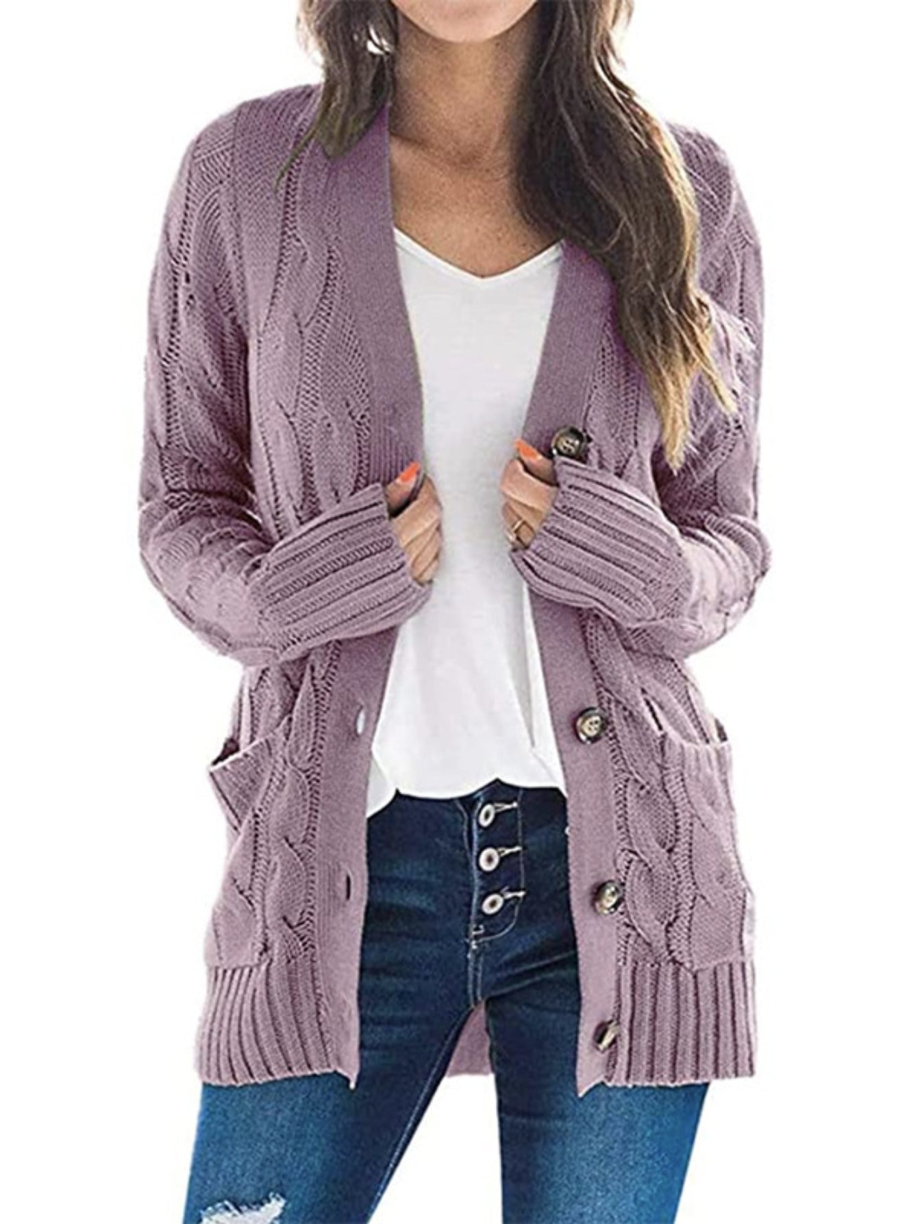 Cable Knit Button Front Cardigan, Casual Solid Long Sleeve Cardigan