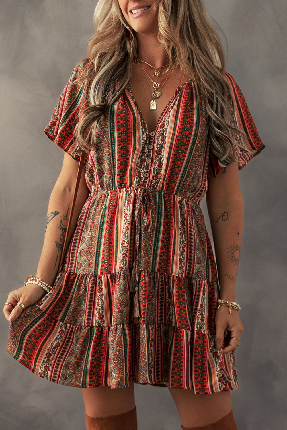 Red Bohemian Floral Print Buttoned V Neck Ruffle Tiered Dress