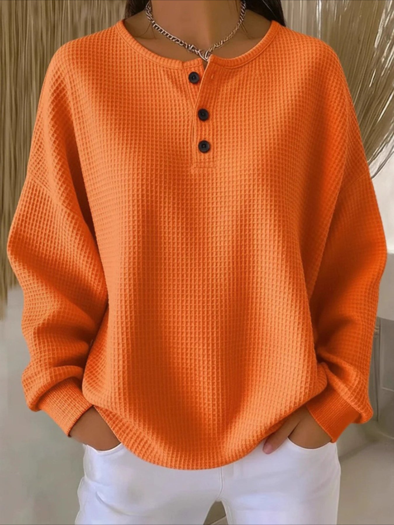 Solid Color Ribbed V Neck Braided Print Long Sleeve Regular Tops