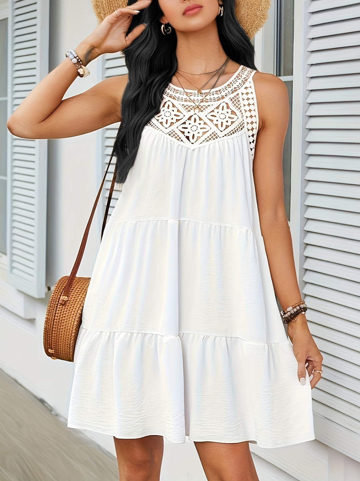 Women's Fashion Sexy Sleeveless Round Neck Hollow Solid Color Style Short dress