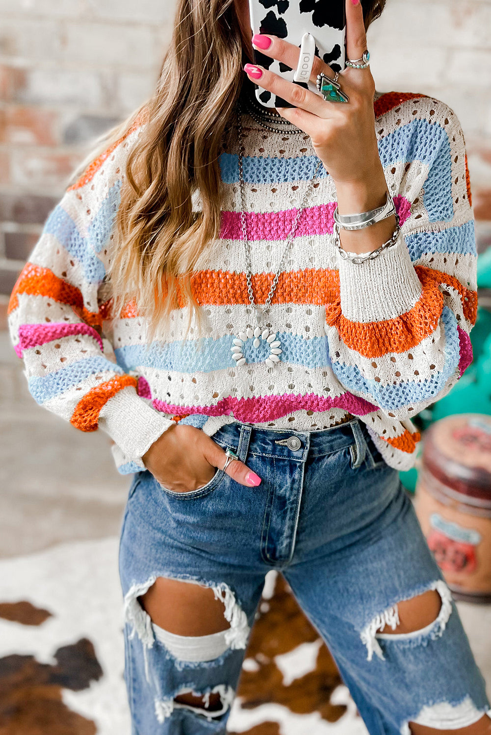 Striped Hollowed Knitted Loose Sweater