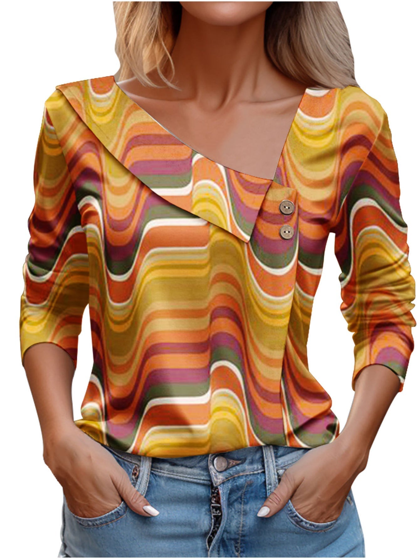 Chic Plaid Print Elegant Long Sleeve V-Neck T-Shirt