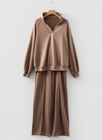 Dark Khaki Polo Collar V Neck Pullover and Drawstring Sweatpants Set