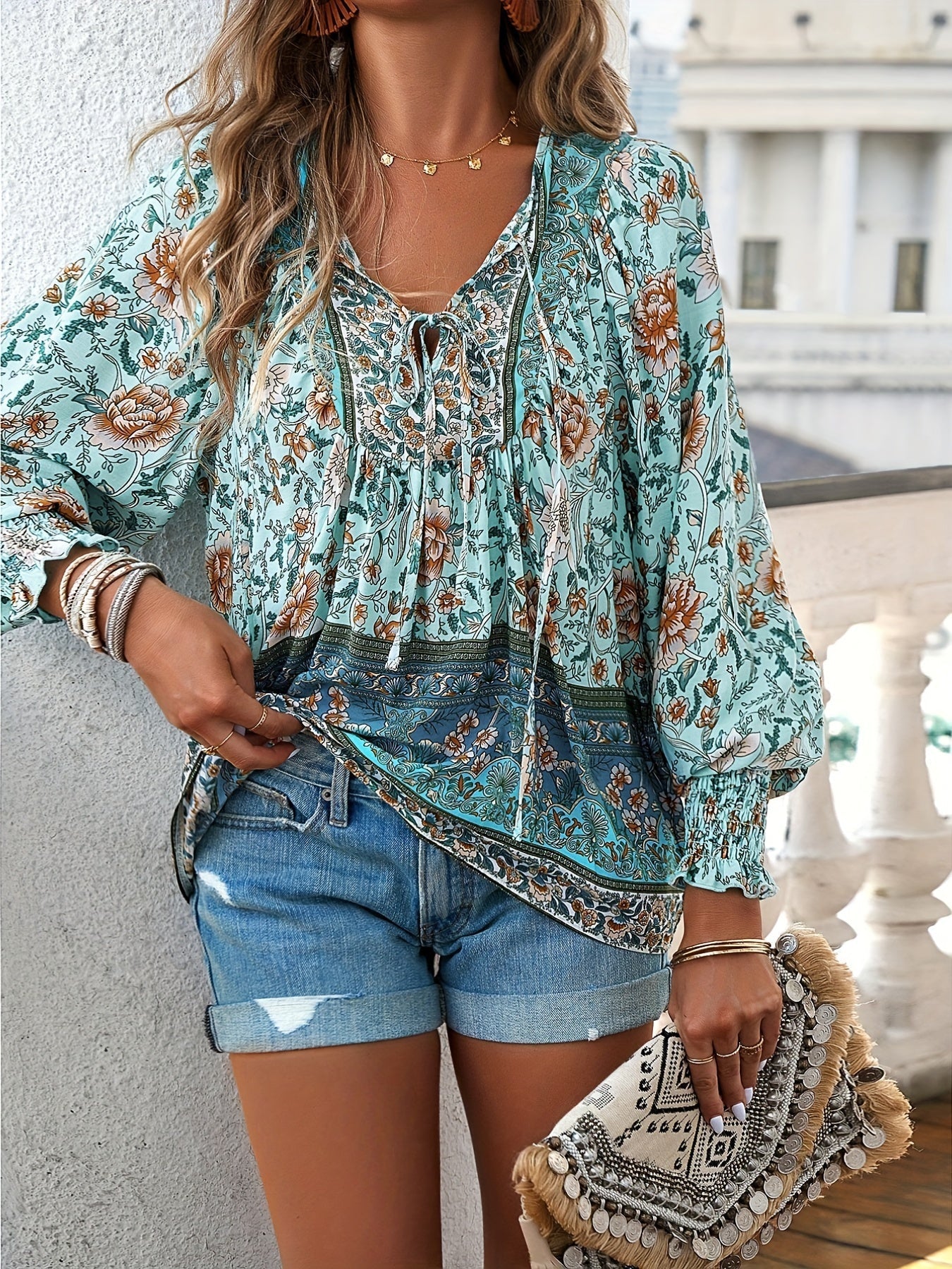 Drawstring Long Sleeve Casual Floral Print V Neck Blouse