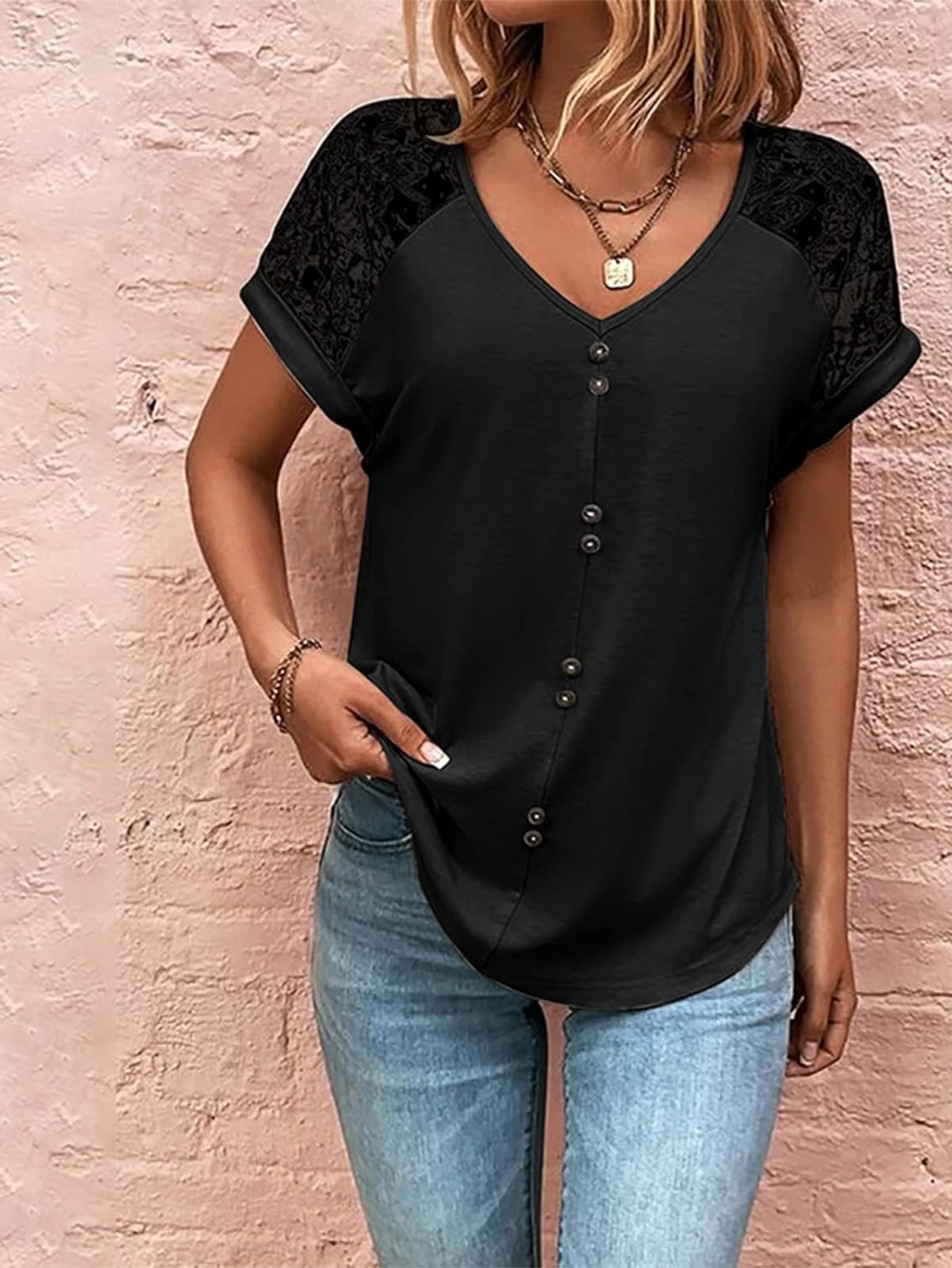V Neck Lace Sleeve Button Design Loose Fit Soft Simple T-Shirt