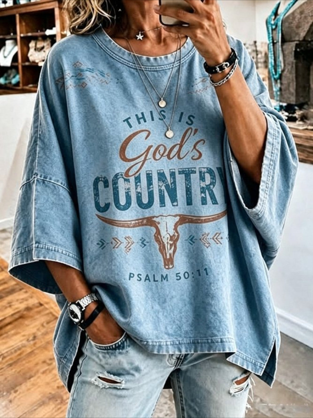 Text Letters Seven-quarter Sleeves Casual T-shirt