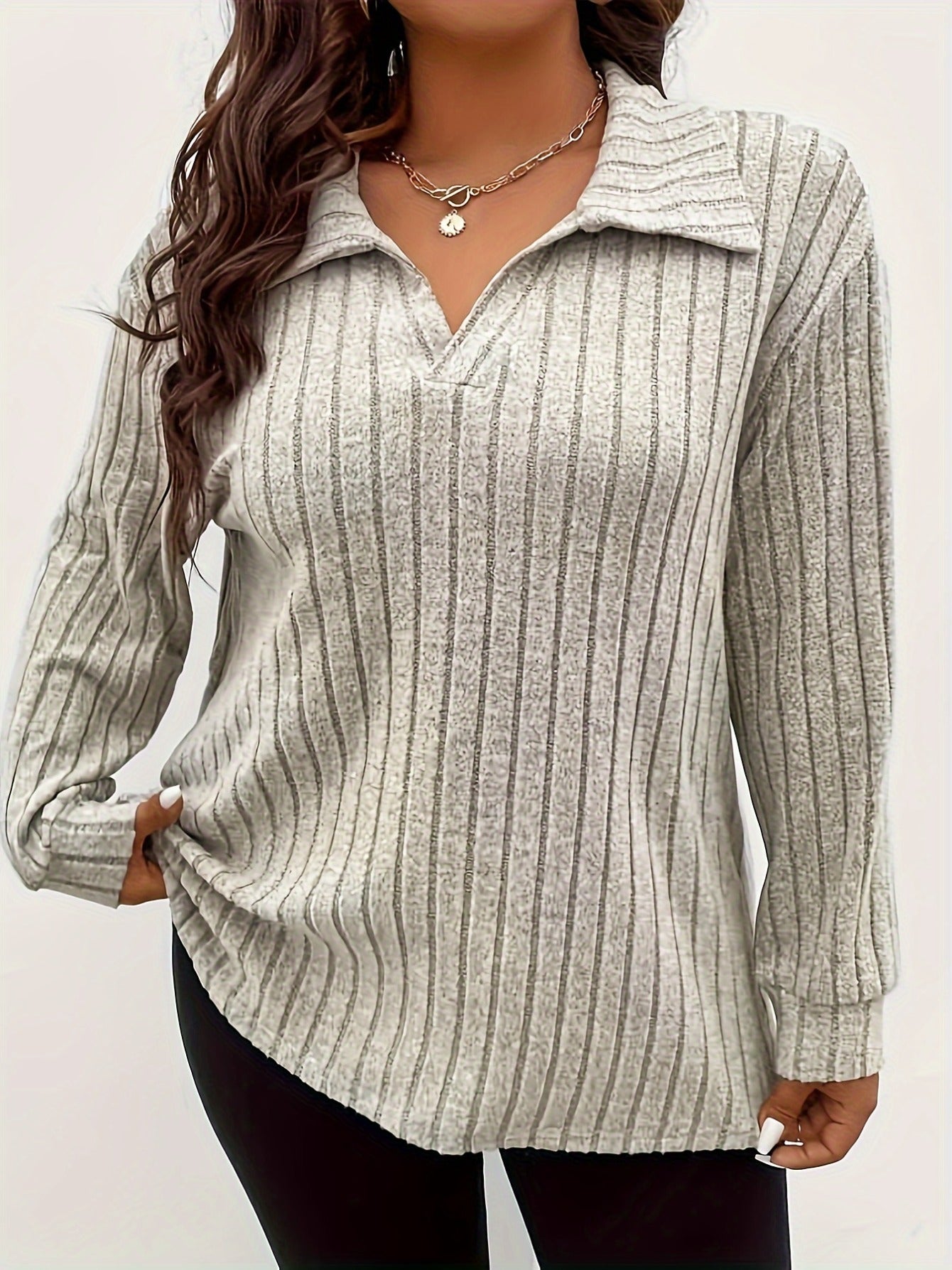 Solid Ribbed Long Sleeve Lapel Collar Slight Stretch Top