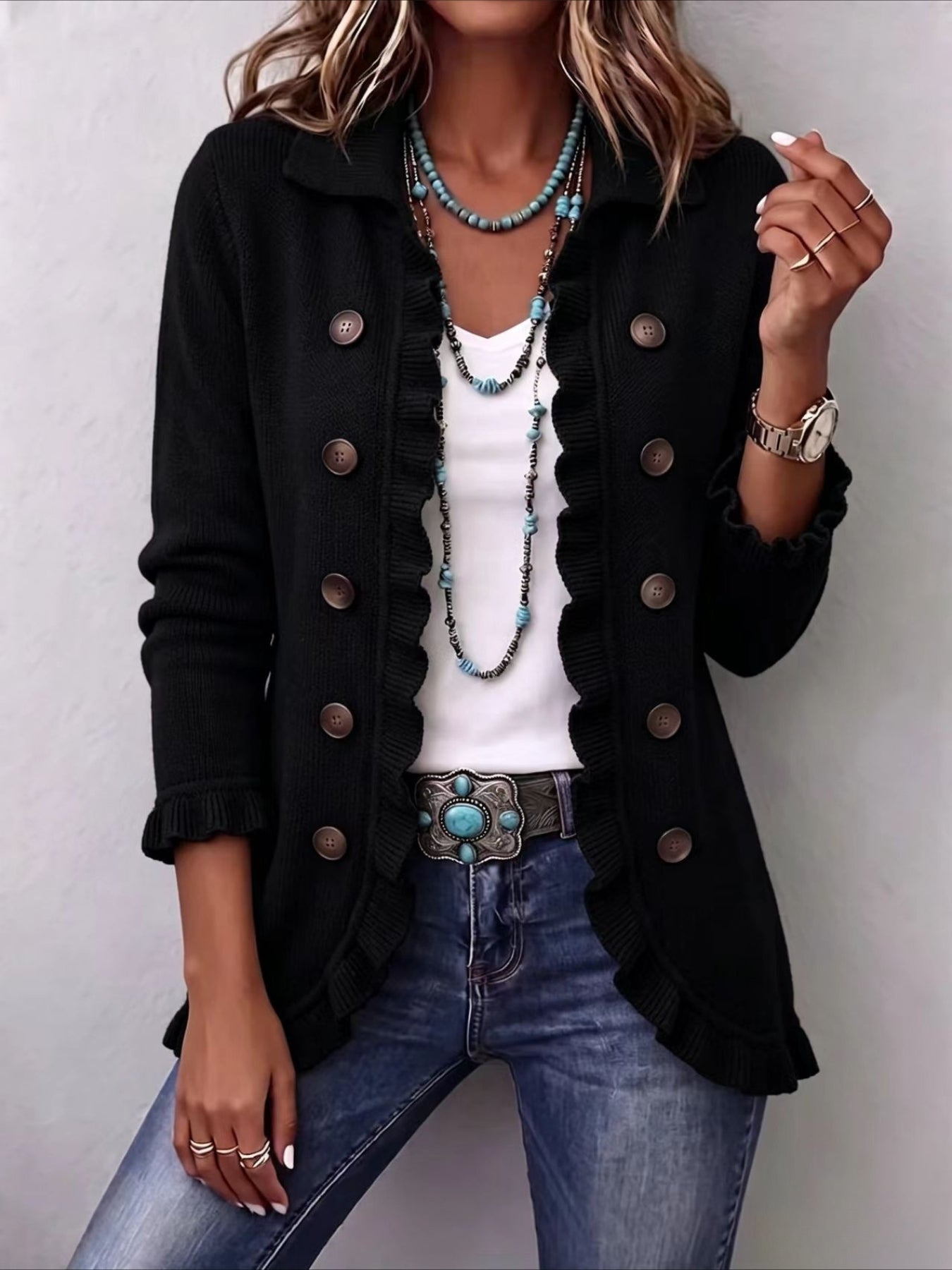 Solid Color Long Sleeve Ruffle Edge Button-knitted Cardigan