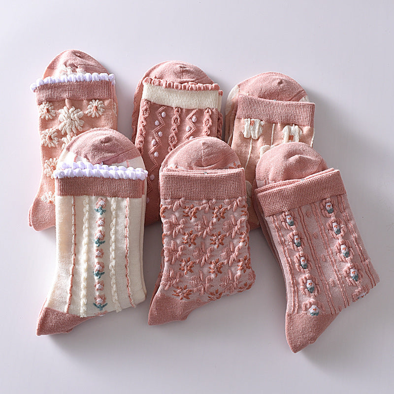 6 Pairs Flower Bubble Cable Crew Socks, Lightweight & Comfy Mid-tube Socks