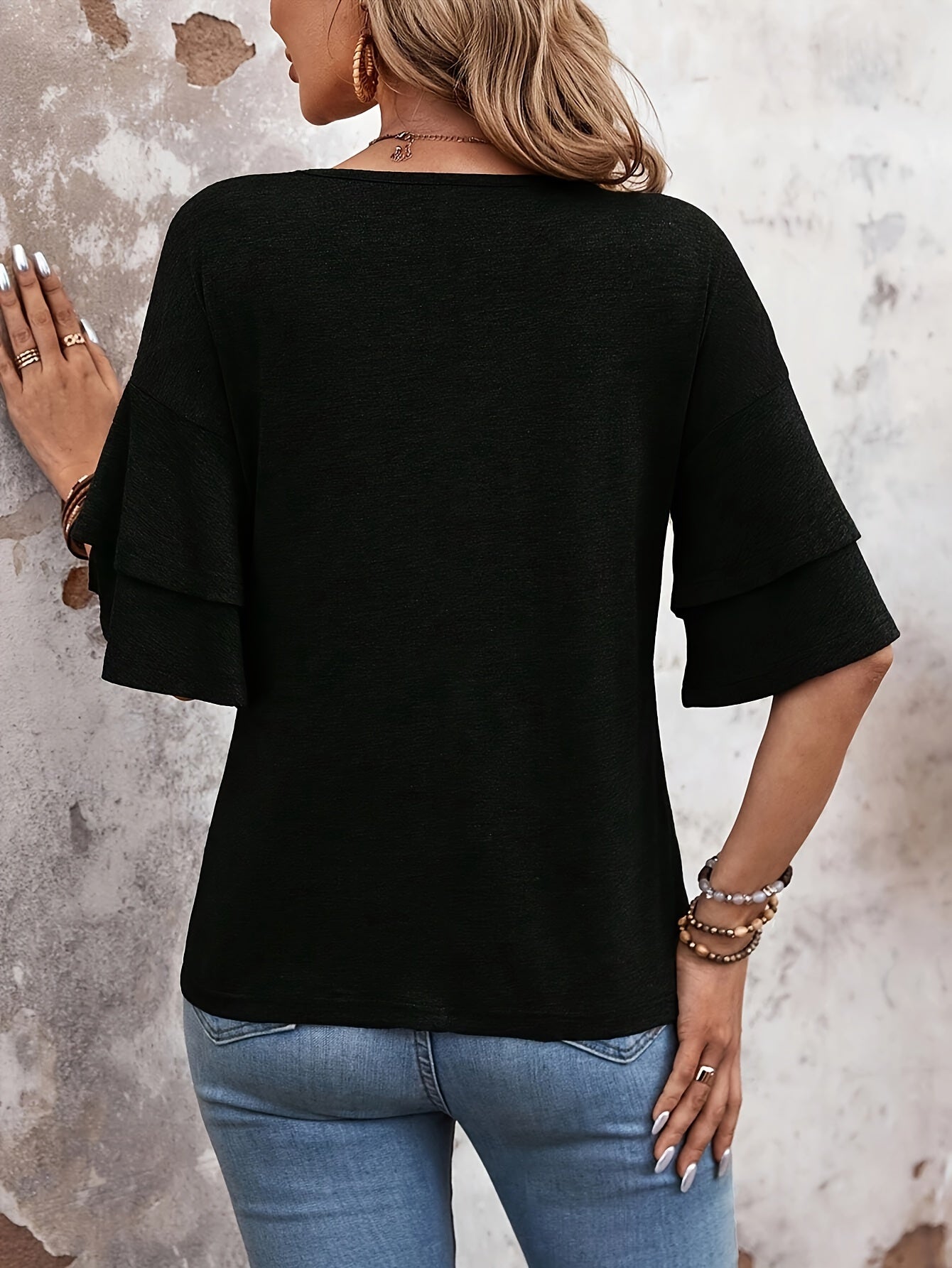 Casual Solid Color Flare Sleeve V Neck T-Shirt