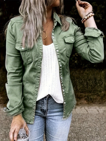 Stylish Denim Safari Top, Button Up Ruched Trim Long Sleeve Collared Shirt, Casual Light Jacket Tops