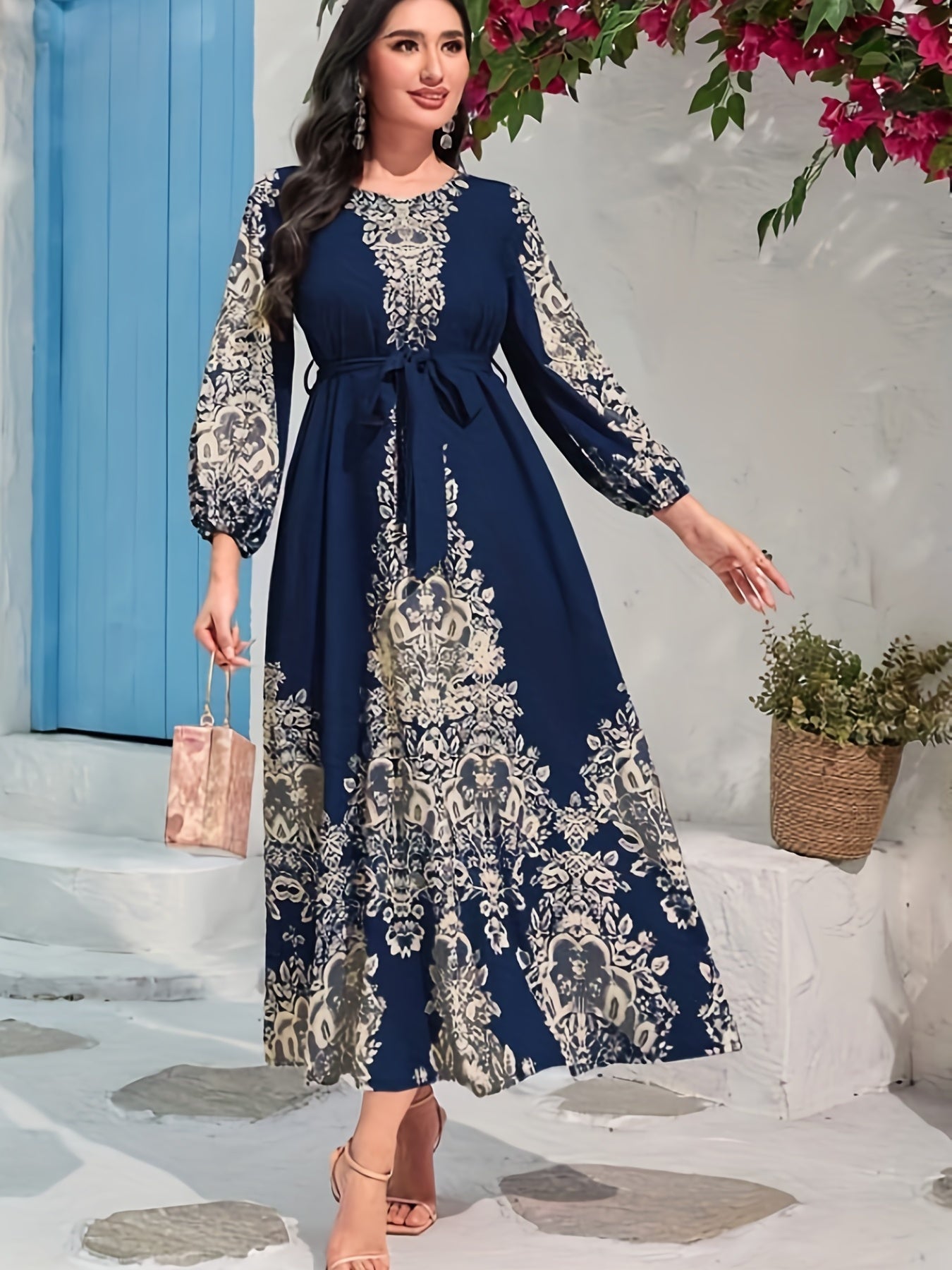 Graphic Print Tie Waist Kaftan Dress, Elegant Lantern Sleeve Maxi Length Dress