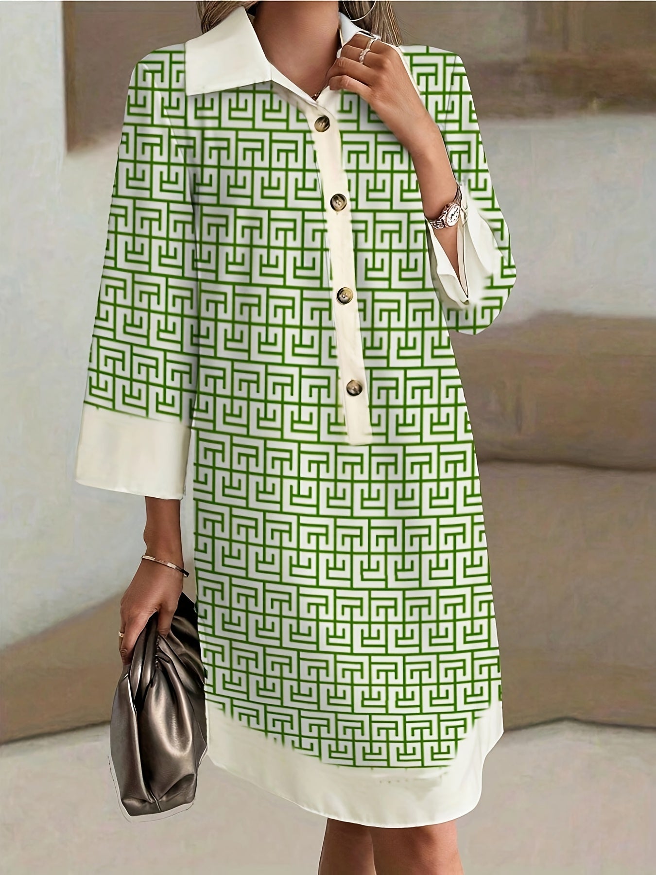 Long Sleeves and Pockets Loose Fit Floral Print Shirt Dress with Button Front