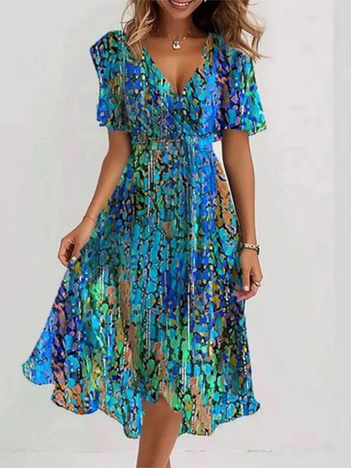Short Sleeve V-Neck Floral Dress