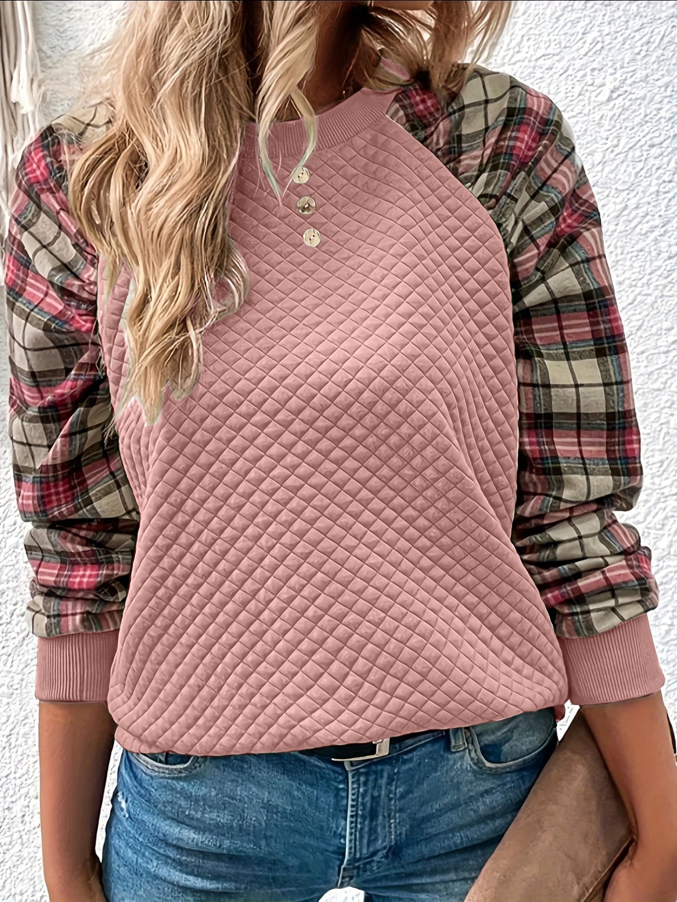 Cozy Argyle Plaid Print Pullover Long Raglan Sleeve Crew Neck and Casual Style Sweatshirt